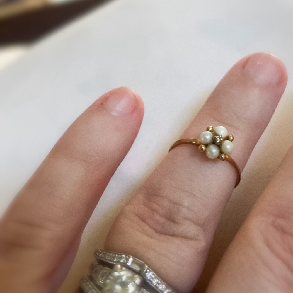 Dainty 10K Art Deco ring with seed pearls and Diamond chip. Size 5